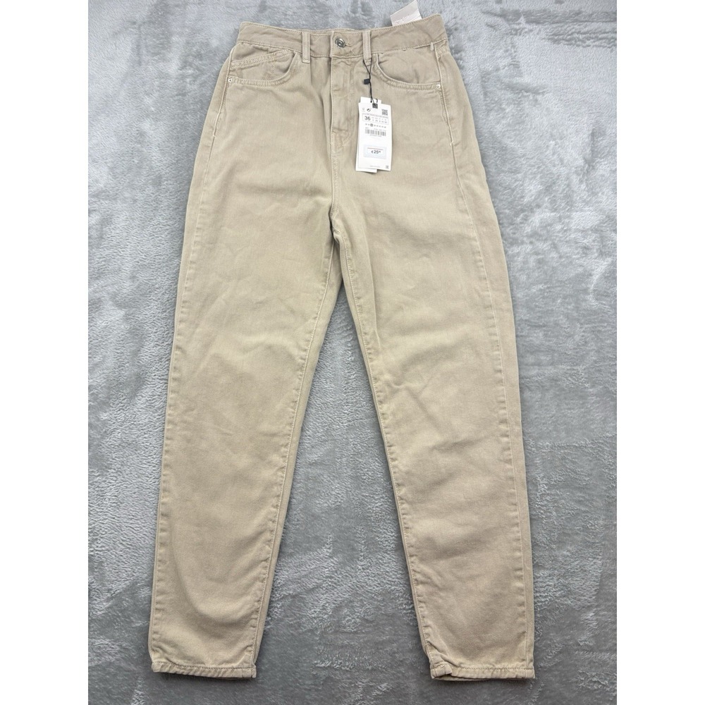 Zara Mom Fit High Rise Pants Women's Size 4 Beige/Tan/Khaki Mom Leg Rigid